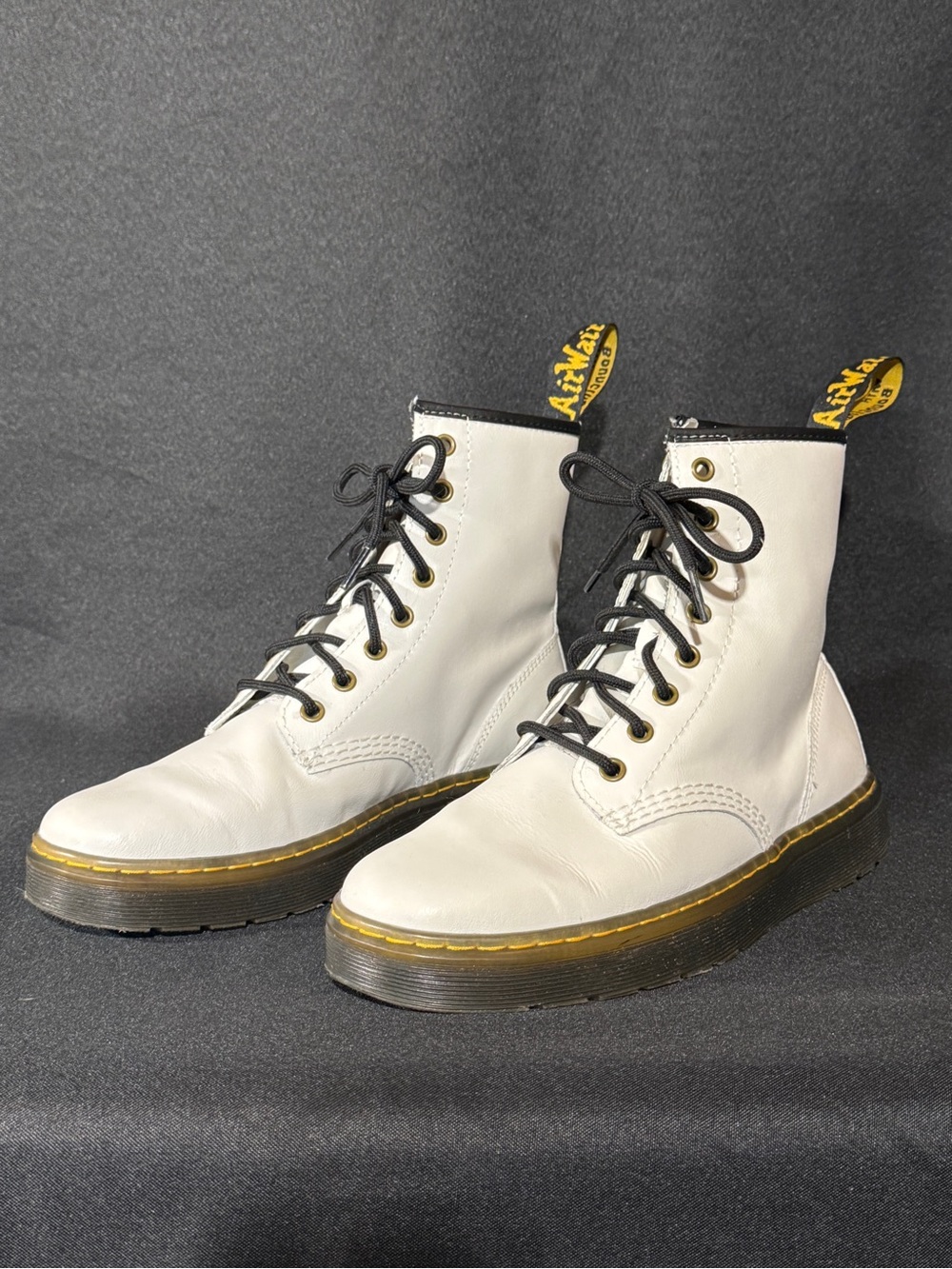 Dr. Martens White Leather Lace-Up Combat Boots with Black Laces